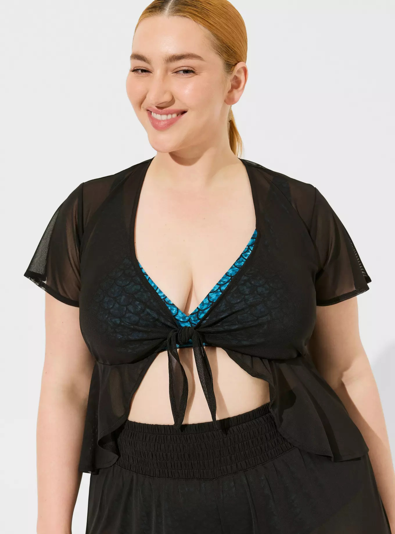 Mesh Flutter Sleeve Tie Front Swim Cover Up Top | Torrid (US & Canada)
