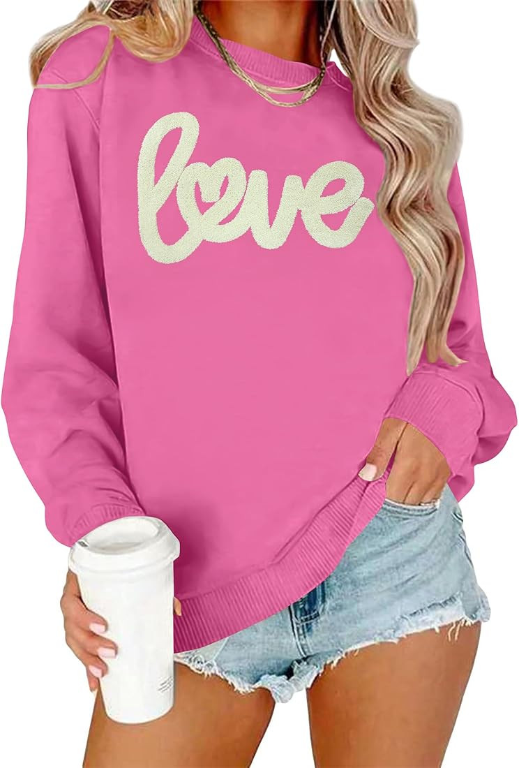 Valentines Day Sweatshirt Women: Love Chenille Pach Sweatshirts Valentines Shirt Love Heart Pullo... | Amazon (US)