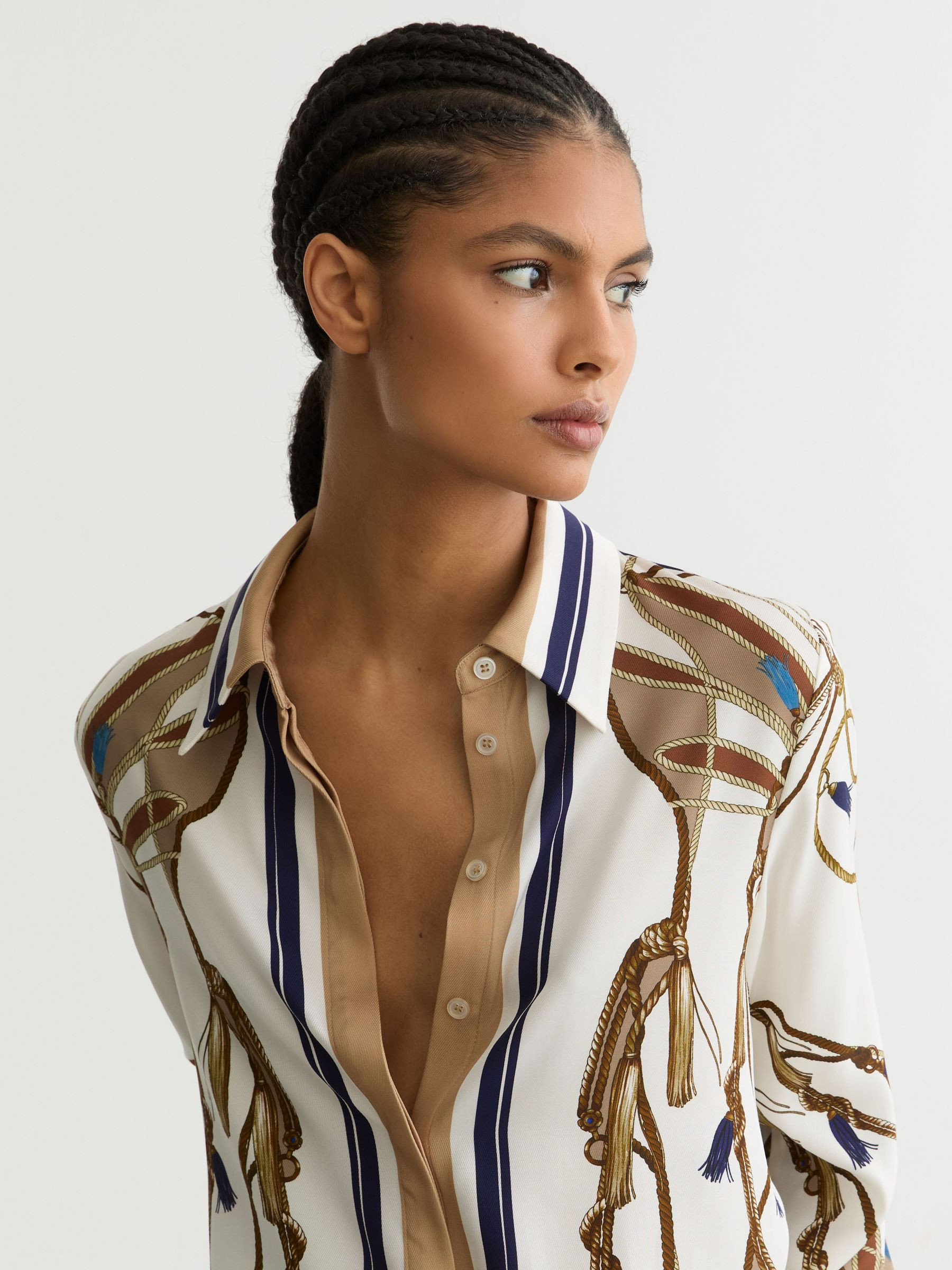 Reiss Foulard-Print Concealed-Placket Shirt in Ivory/Brown | REISS | Reiss US