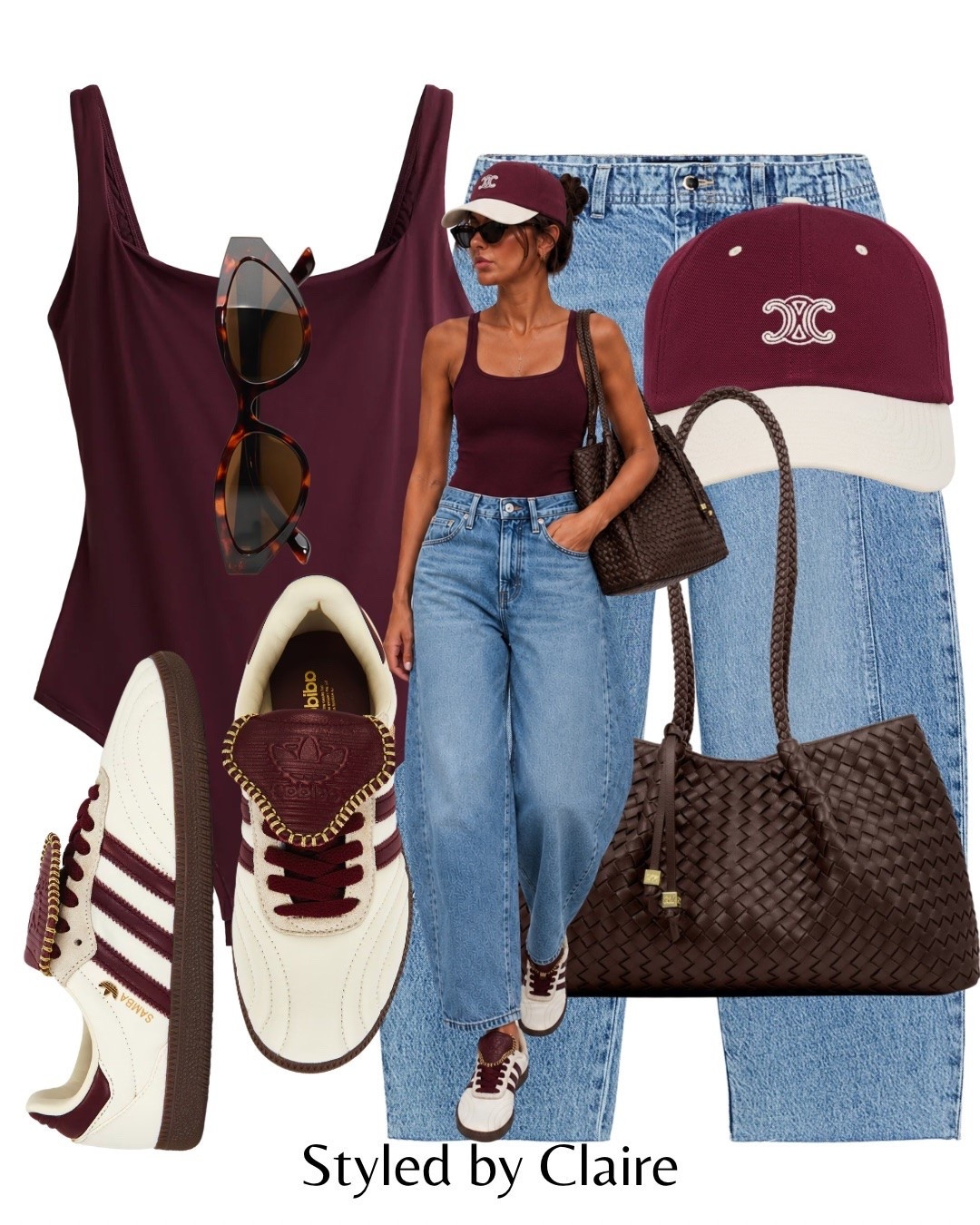 BURGUNDY OUTFIT🍒
Tags: H&M bodysuit square neck barrel jeans Zara woven bag Katie Loxton adidas lt trainers sneakers cap Celine fashion cool girl inspo outfit ideas city break sunglasses cat eye airport capsule wardrobe autumn transition

#LTKstyletip #LTKshoes #LTKjeans