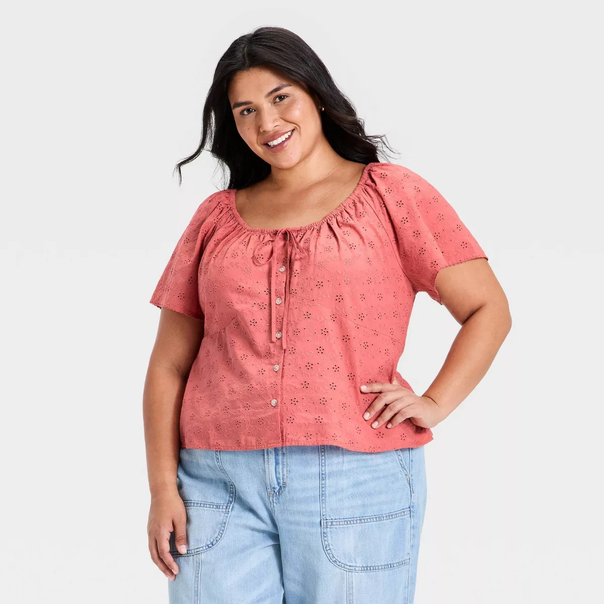 Women's Short Sleeve Eyelet Scoop Neck Blouse - Universal Thread™ Pink XXL | Target
