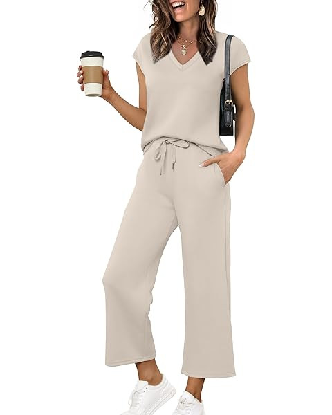 SAMPEEL Two Piece Sets for Women Summer Outfits Beach Vacation Clothes Wide Leg Crop Pants | Amazon (US)