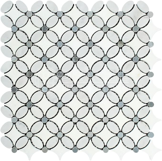 Carrara White Italian (Bianco Carrara) Marble Florida Flower Mosaic Tile with Blue & Gray Marble ... | Amazon (US)