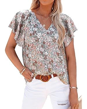 SHEWIN Women's Casual Boho Floral Print V Neck Long Sleeve Loose Blouses Shirts Tops | Amazon (US)