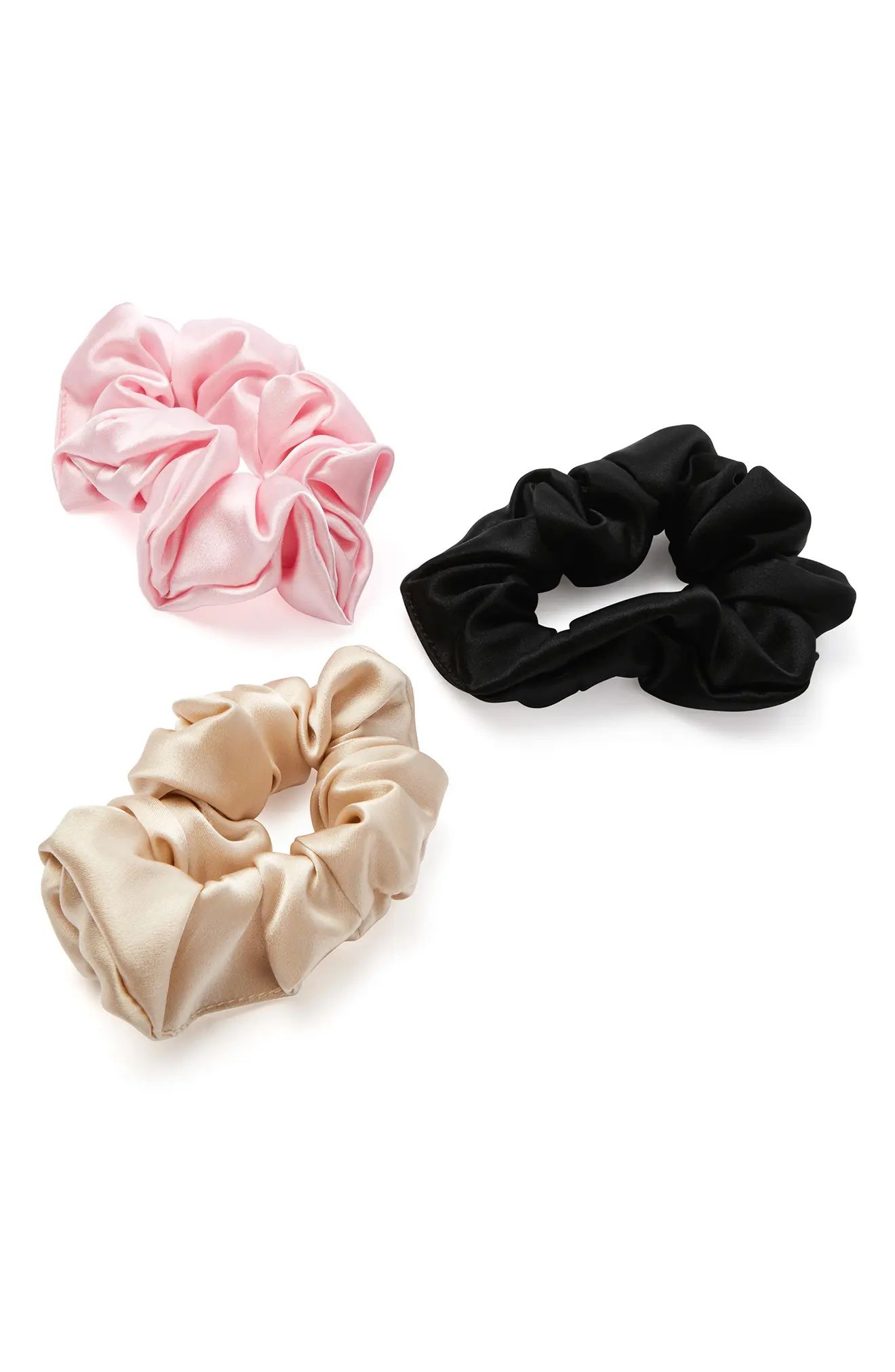 BLISSY 3-Pack Silk Scrunchies in Black/Gold/Pink at Nordstrom | Nordstrom