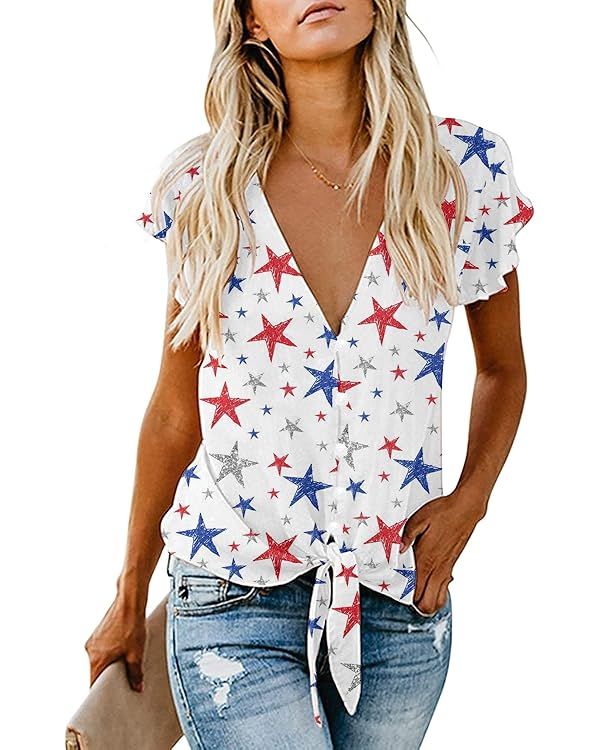 4th of July Patriotic Women's Tie Front Button Down Memorial Fourth July Red White Blue Blouse St... | Amazon (US)