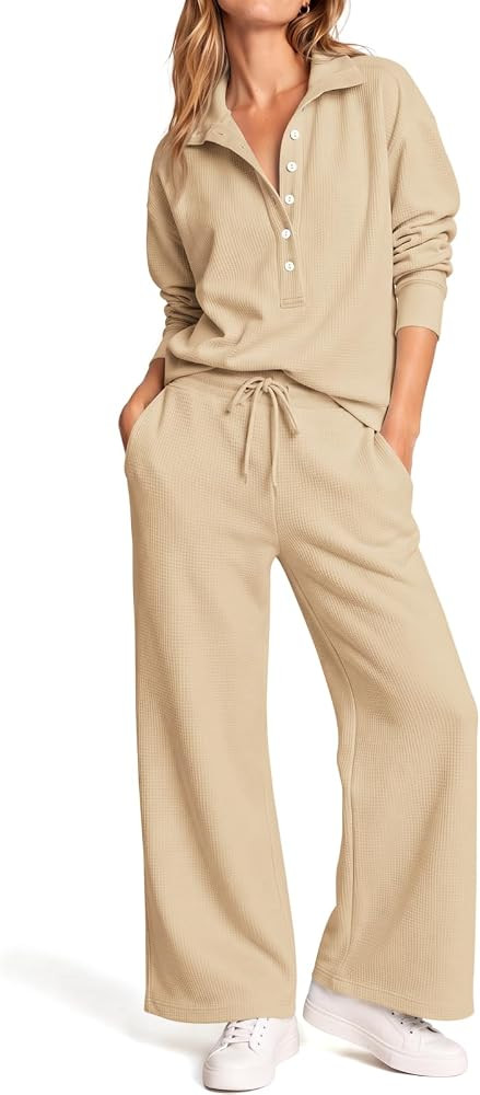 Fisoew Womens 2 Piece Lounge Sets Waffle Knit Sweatshirt Pants Sets Outfits | Amazon (US)
