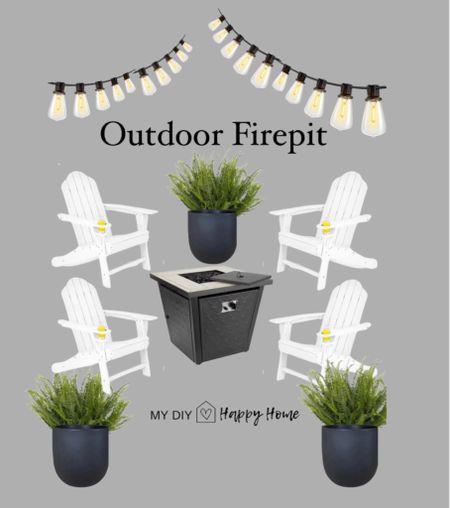 Get my firepit look.. Outdoor firepit - all from @walmart
• White Adirondack chairs with cup holders, set of 4.
• black resin planters
• Kimberly Queen ferns
•outdoor shatterproof string lights
•gas firepit (tank is hidden within)

#LTKfamily #LTKSeasonal #LTKhome