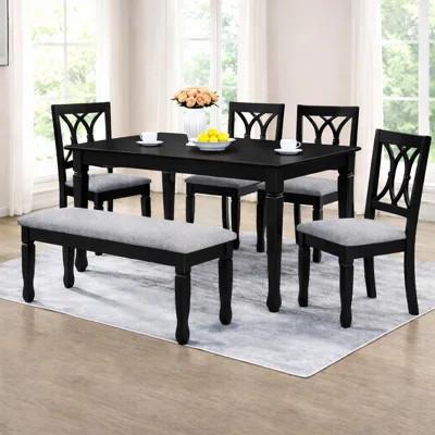 Modern 6-Piece 63 Inch Rectangular Dining Set, Black Finish With Grey Polyester Upholstered Seating, Solid Rubberwood | Wayfair North America