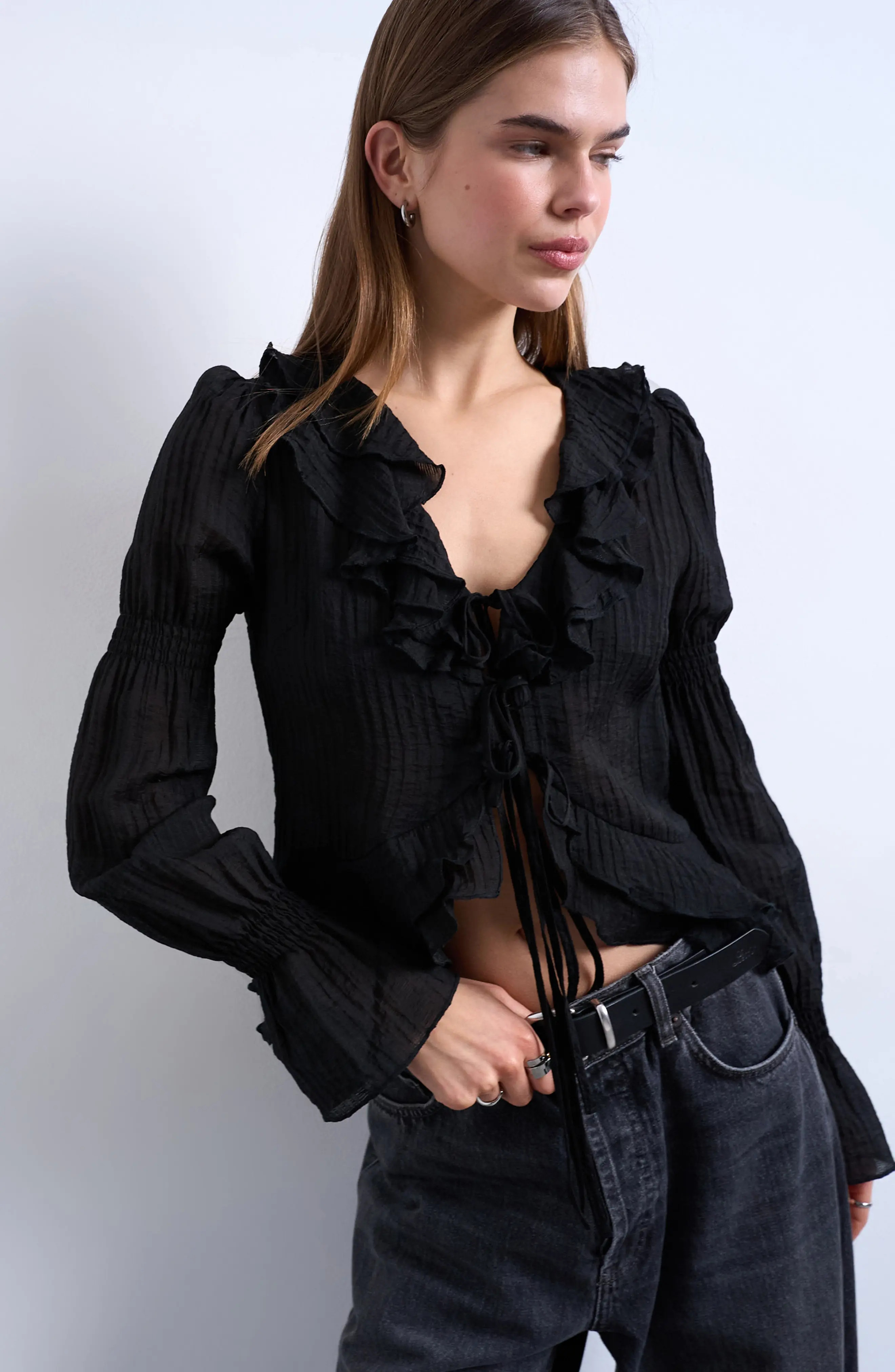 Ruffle Tie Front Long Sleeve Crop Top (Women) | Nordstrom | Nordstrom