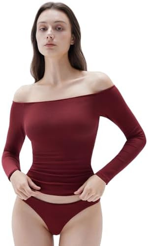 SUUKSESS Women Padded Off The Shoulder Tops Ribbed Long Sleeve Shirts Fall Basic | Amazon (US)