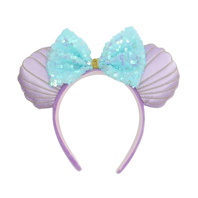 JIAHANG 3D Mouse Ear Headband, Purple Mermaid Mic Mouse Ear Headband Sequin Bow Costume Headwear ... | Amazon (US)