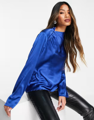Vila satin blouse with ruched shoulder detail in bright blue | ASOS (Global)