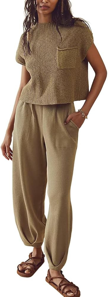 Ugerlov Women's Two Piece Outfits Sweater Sets Knit Pullover Tops and High Waisted Pants Lounge Sets | Amazon (US)
