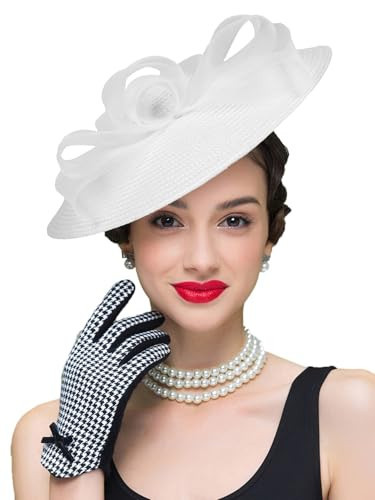 White Straw Cocktail Fascinators Hat for Women Ladies Wide Brim Church Wedding Bride Derby Tea Party Hats with Mesh Bow | Amazon (US)