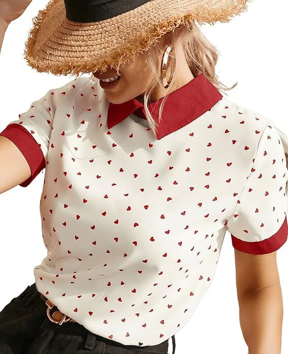 SheIn Women's Contrast Collar Short Sleeve Heart Print Work Blouse Tops Shirt | Amazon (US)