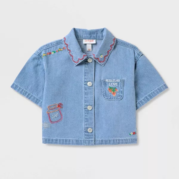 Baby Girls' Embroidered Denim Button Down Top & Pants Set 2pc - Cat & Jack™ Light Wash 12M | Target