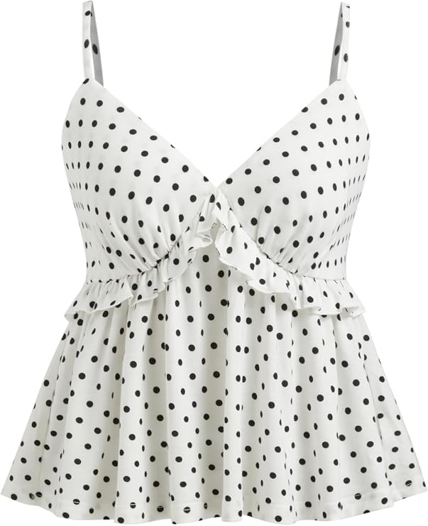 CIDER Polka Dot Babydoll Tops for Women Cute V Neck Sleeveless Flowy Tops | Ruffle Crop Tank Top,... | Amazon (US)