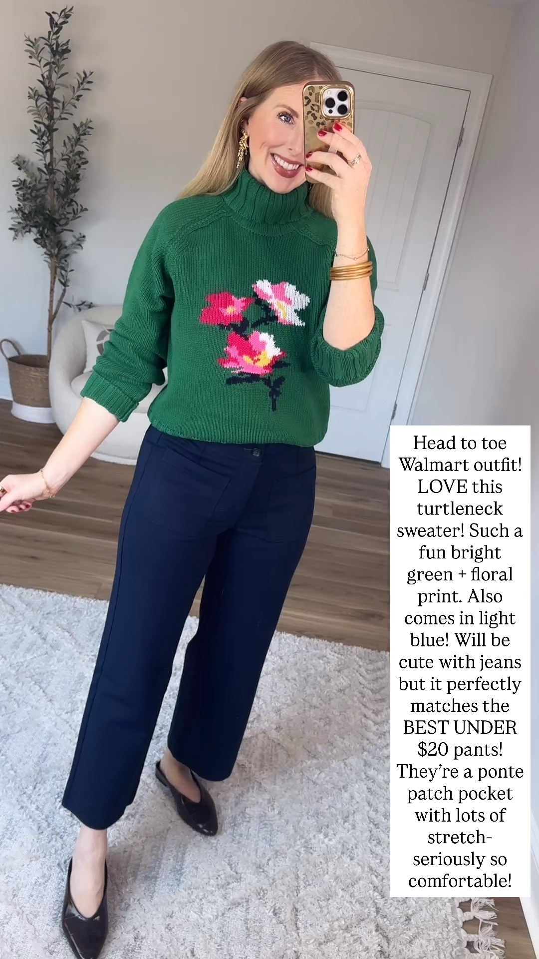 Turtleneck sweater and workwear pants from Walmart