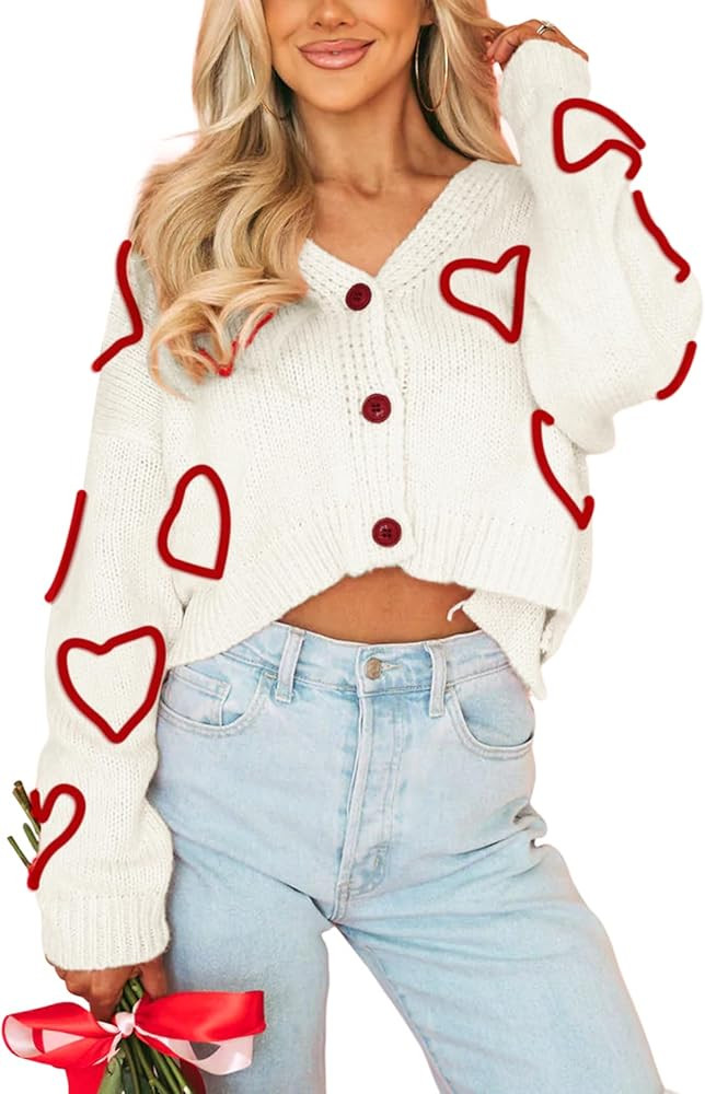 Wyeysyt Valentine Heart Sweater Cardigan for Women Cropped Knit Sweater Cute Button Down V Neck C... | Amazon (US)