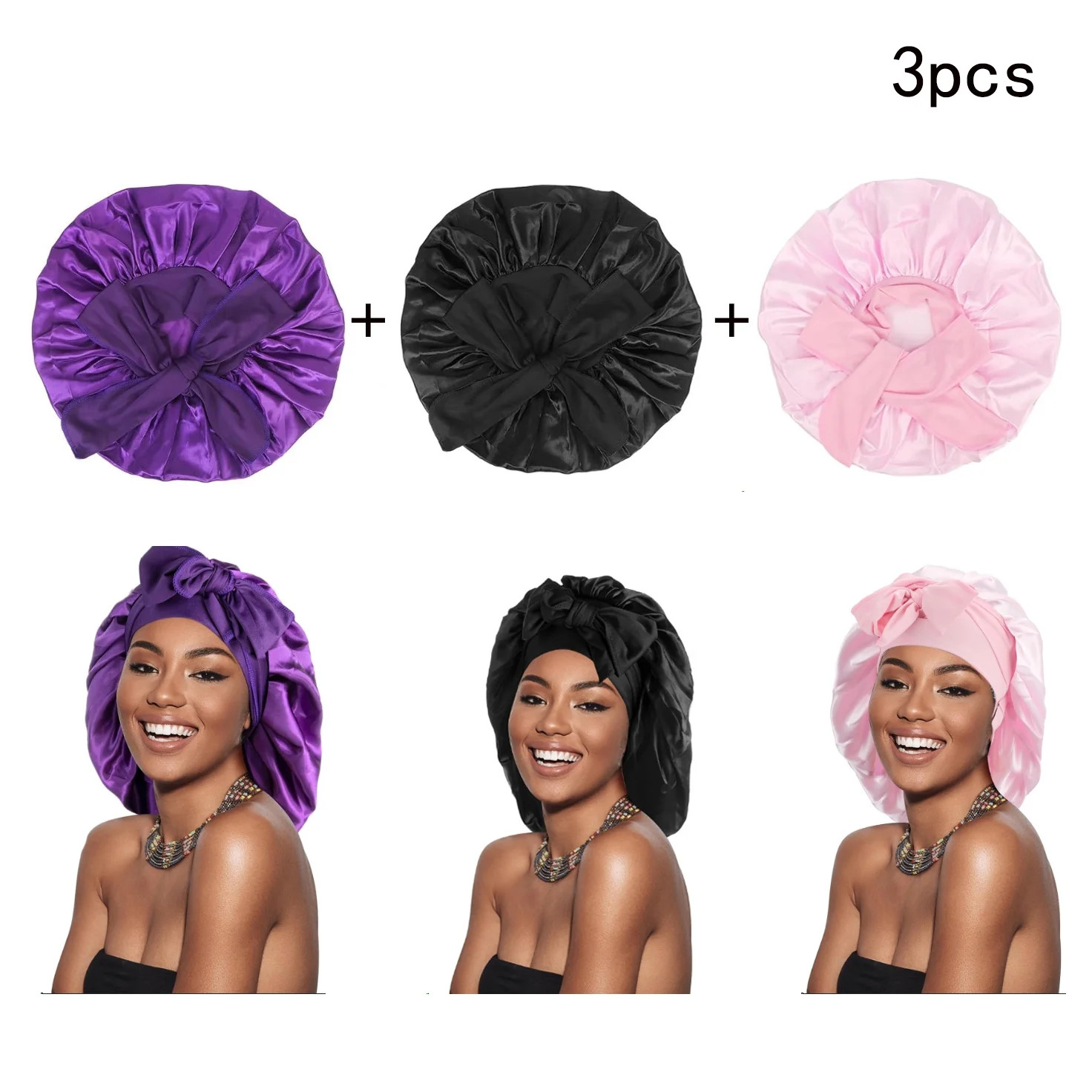 Vongem 3 Pack Satin Sleeping Bonnet, Large Satin Sleep Bonnet with Long Strap, Adjustable Sleep C... | Walmart (US)