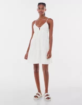 Bershka babydoll tiered summer dress with open back in white | ASOS (Global)