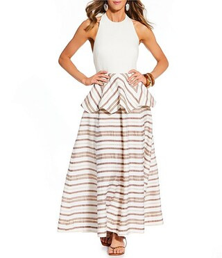 Antonio Melani x Stephanie Covington Elana Linen Blend Stripe Halter Tie Open Back Peplum A-Line ... | Dillard's