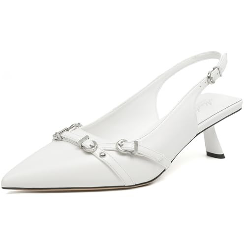Mostrin White Kitten Heels for Women Sexy Pointed Closed Toe Slingback Low Heels Dressy Pumps Shoes with Buckle for Party Size 7 | Amazon (US)