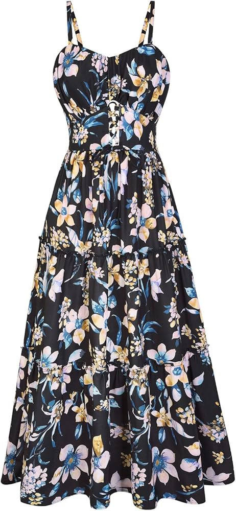 GRACE KARIN Women's Summer Floral Dress 2026 Boho Spaghetti Strap Smocked Tiered Casual Maxi Long... | Amazon (US)
