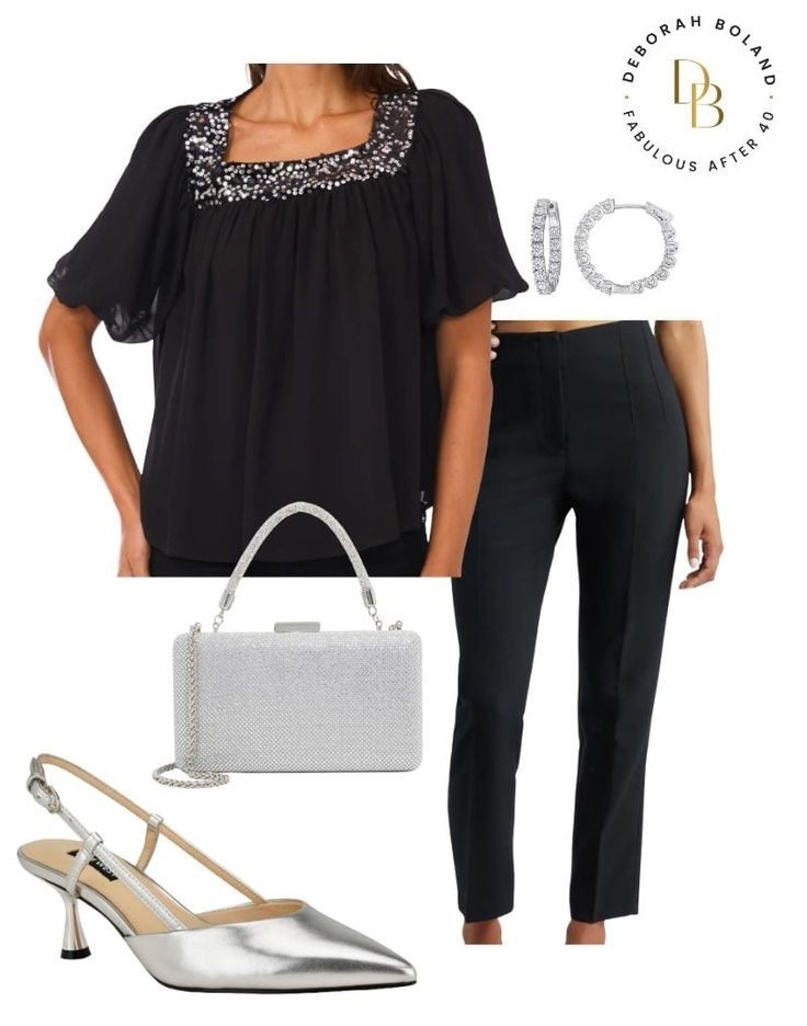 Holiday glam, but make it effortless. ✨🖤
There’s something about an all-black outfit that always feels chic, and this top with the sequin neck detailing is doing all the heavy lifting for me. Paired with classic black pants and silver slingbacks, it’s that perfect mix of simple and sparkly — just enough shimmer to feel festive without going over the top.

Easy, elegant, and ready for every holiday moment on the calendar. ✨

#LTKHoliday #LTKOver40 #LTKSeasonal