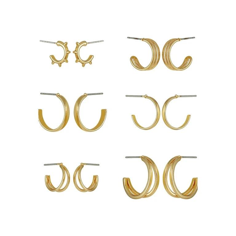 Time and Tru Women's Gold Tone Fashion Dainty 6 Pairs of Metal Hoops. - Walmart.com | Walmart (US)