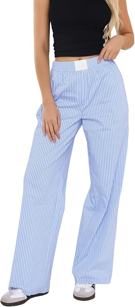 Womens Y2K Striped Lounge Pants Low Rise Elastic Waist Pajamas Pants Casual Loose Wide Leg Trouse... | Amazon (US)