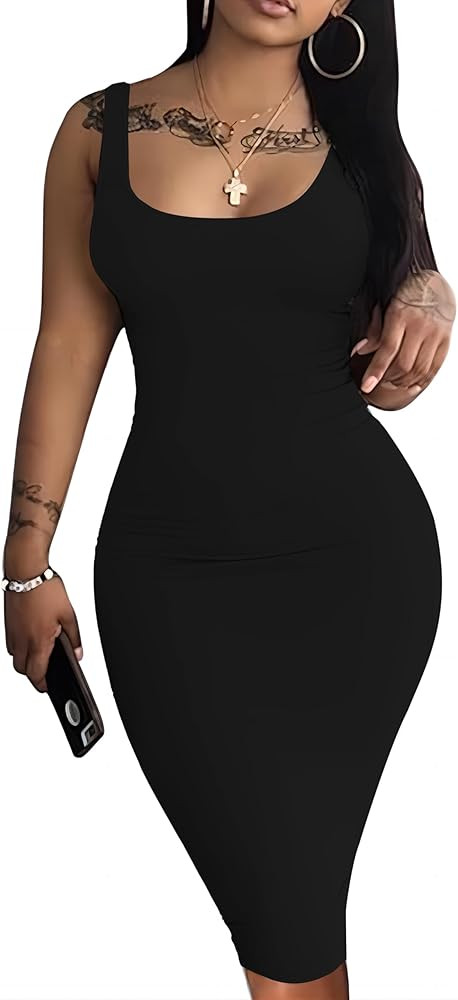 Nimsruc Women Casual Sexy Tank Top Bodycon Dress Summer Pencil Sleeveless Basic Midi Club Dresses | Amazon (US)