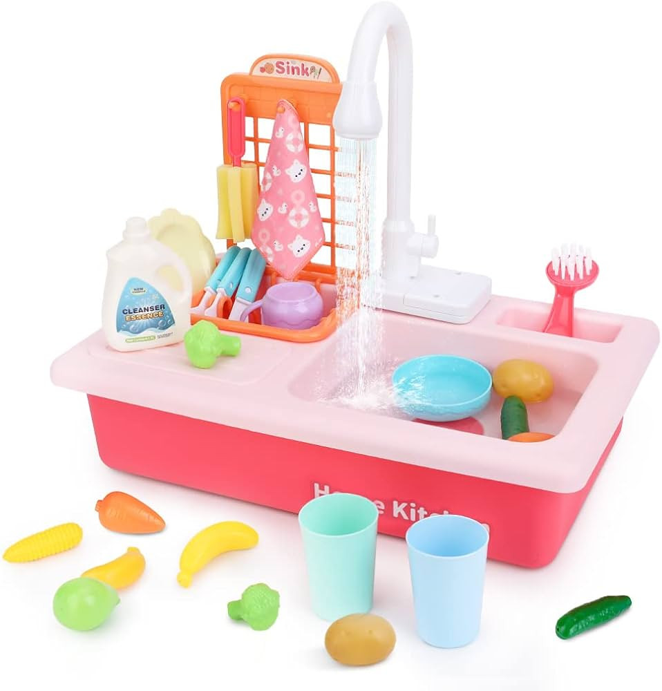 BOBXIN Play Sink with Running Water, Kids Pretend Play Kitchen Toy Sink for Girl, Role Play Elect... | Amazon (US)