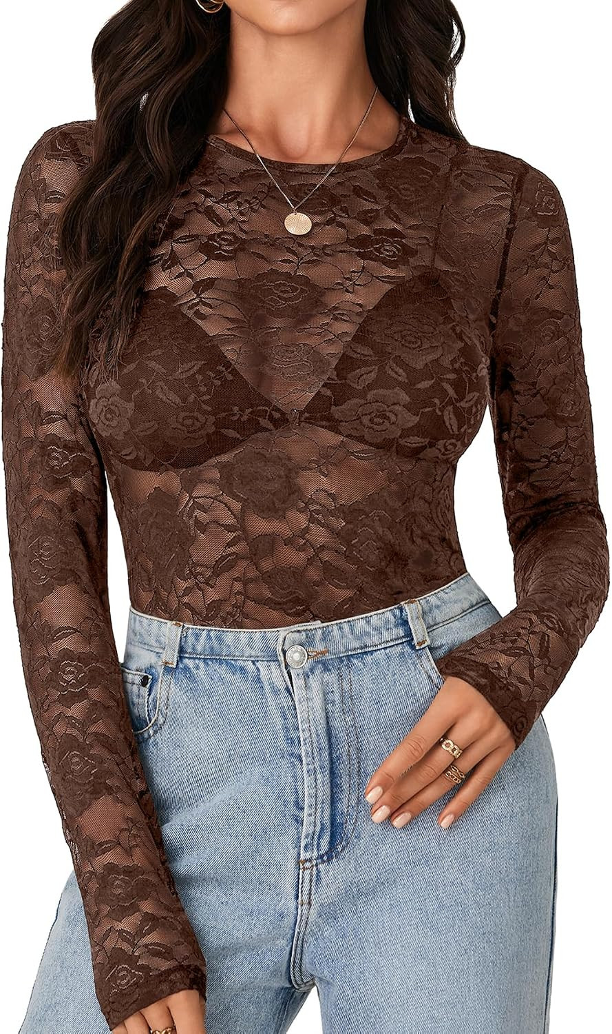 LYANER Women's Floral Lace Sheer Mesh Sexy Blouse | Amazon (US)