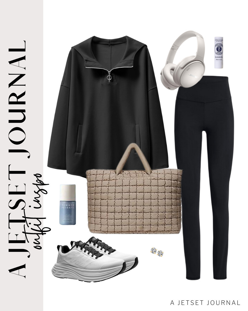 I can’t believe how classy this black quarter-zip sweatshirt and black leggings look! You can pair them with a khaki quilted duffle bag and Nortiv walking shoes. Swipe on this L’OCCITANE lip balm, and you’re ready to go. 

 #LTKSeasonal #LTKSaleAlert #LTKTravel