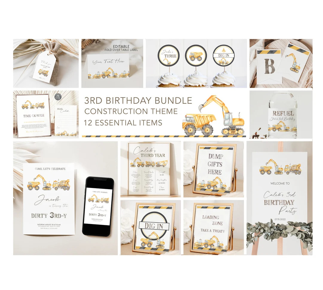 Editable Construction Dirty 3rdy Birthday Party Bundle, Construction Trucks 3rd Birthday Invitati... | Etsy (US)