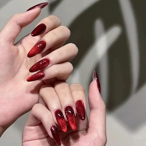 TOGZOM Red Almond Press on Nails Medium Cat Eye Fake Nails Glossy Shiny Acrylic Nails Ombre Glue on Nails Stiletto Artificial False Nails Wine Red Stick on Nails for Women Manicure 24Pcs, Style1 | Amazon (US)