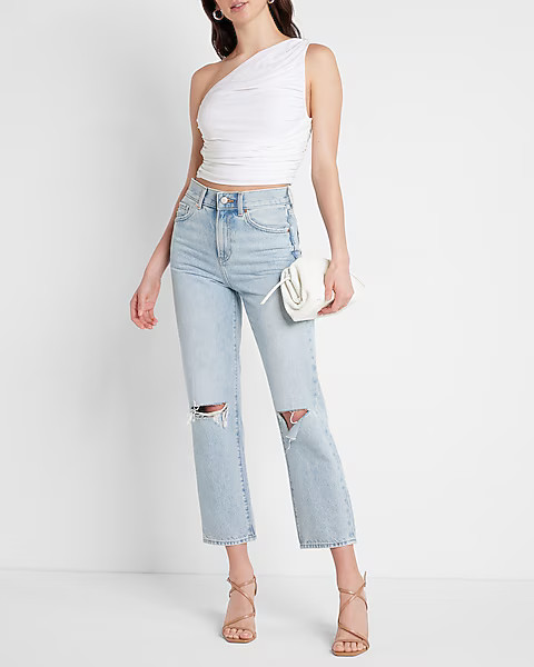 High Waisted Light Wash Ripped Straight Ankle Jeans | Express