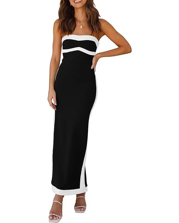 PRETTYGARDEN Women's Summer Long Bodycon Dress Sexy Strapless Back Slit Cocktail Party Tube Maxi ... | Amazon (US)