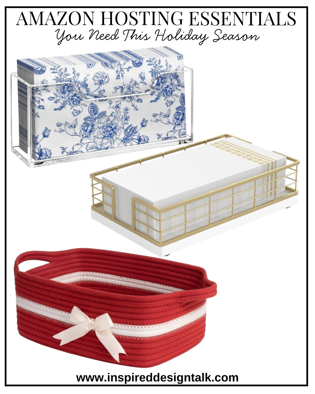 Amazon Hosting Essentials for the holiday season // red christmas basket with white bow, gold and marble napkin holder, lucite clear napkin holder  

 #LTKGiftGuide #LTKmomlife #LTKHome