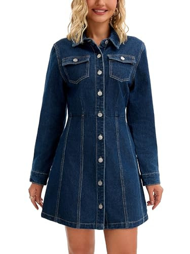 CIMUK Women's Denim Mini Dress Button Down Collared Long Sleeve A-Line Jean Dresses Medium Dark Blue | Amazon (US)