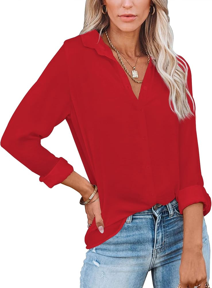 Diosun Womens Button Down V Neck Shirts Long/Short Sleeve Office Casual Business Plain Blouses To... | Amazon (US)