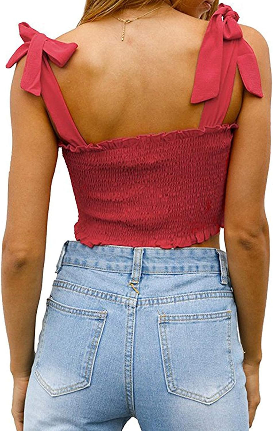 KAMISSY Women's Frill Smocked Crop Tank Top Tie Shoulder Strap Vest | Amazon (US)