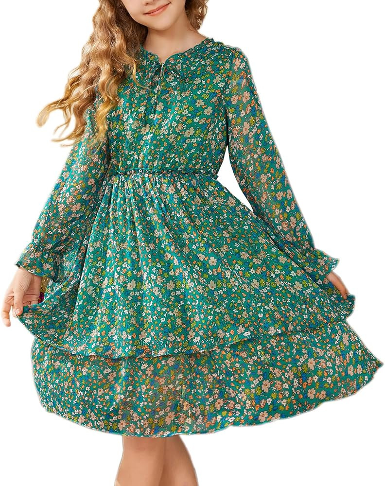 Girls Floral Long Sleeve Dress A-Line Smocked Waist Holiday Boho Dresses 5-12Years | Amazon (US)