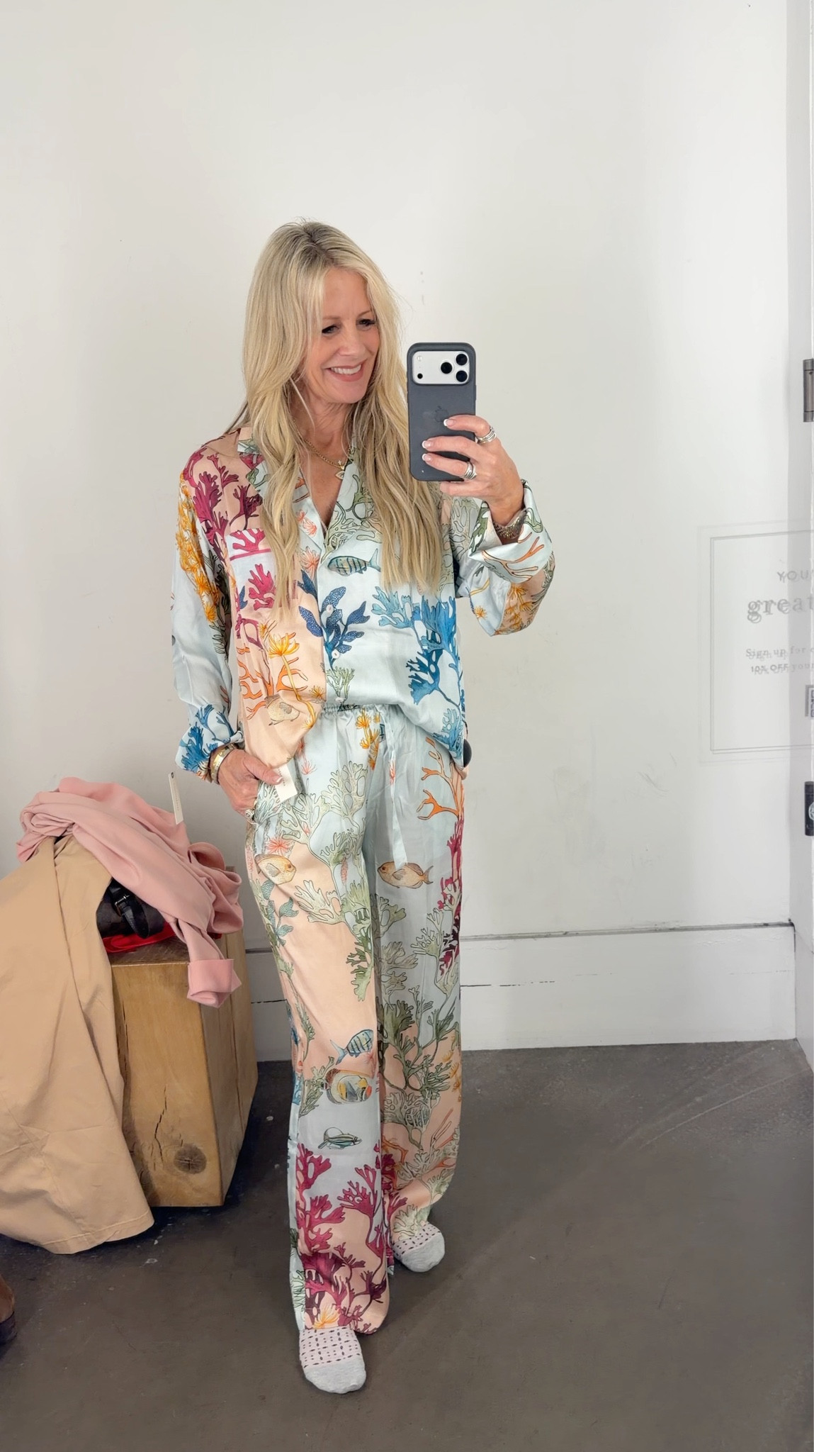 Elegant silky pajamas from Anthropologie. Wearing an XS top and bottom. Sleeves are a little long, butI rolled them up.  Comes in a variety of colors and prints. Great gift idea for Mother’s Day 💕