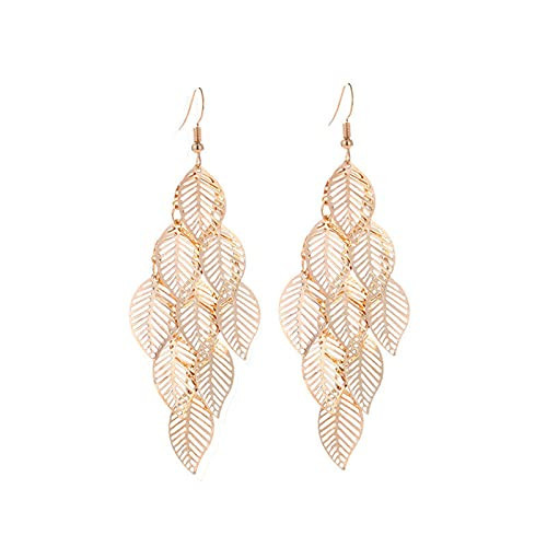 coadipress Bohemian Layered Filigree Leaf Earrings for Women Handmade Silver Gold Plated Big Boho Lightweight Chandelier Hollowed Out Leaves Dangle Drop Earrings (Gold Layered Leaf) | Amazon (US)
