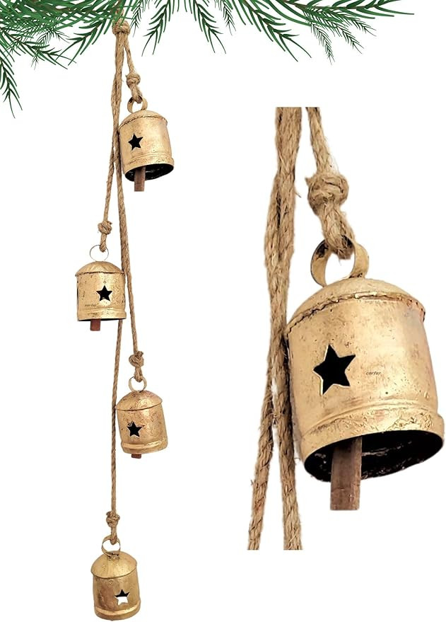 Rustic Style 4 Bells Cluster Handmade Metal Harmony Christmas Hanging Cow Bells on Jute Rope (Sta... | Amazon (US)