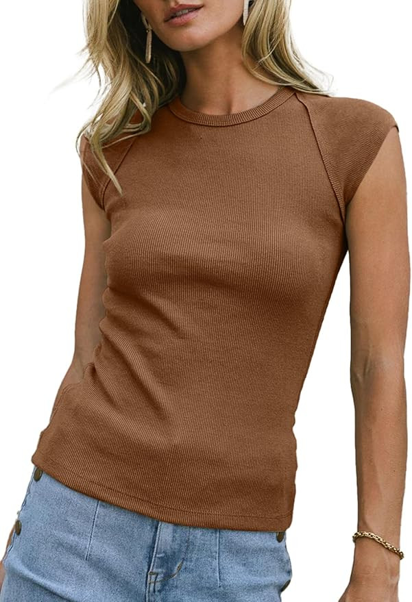 Sidefeel Womens Tops Casual Crewneck Cap Sleeve Tops Ribbed Raw Hem Summer T Shirts Slim Fit Basi... | Amazon (US)