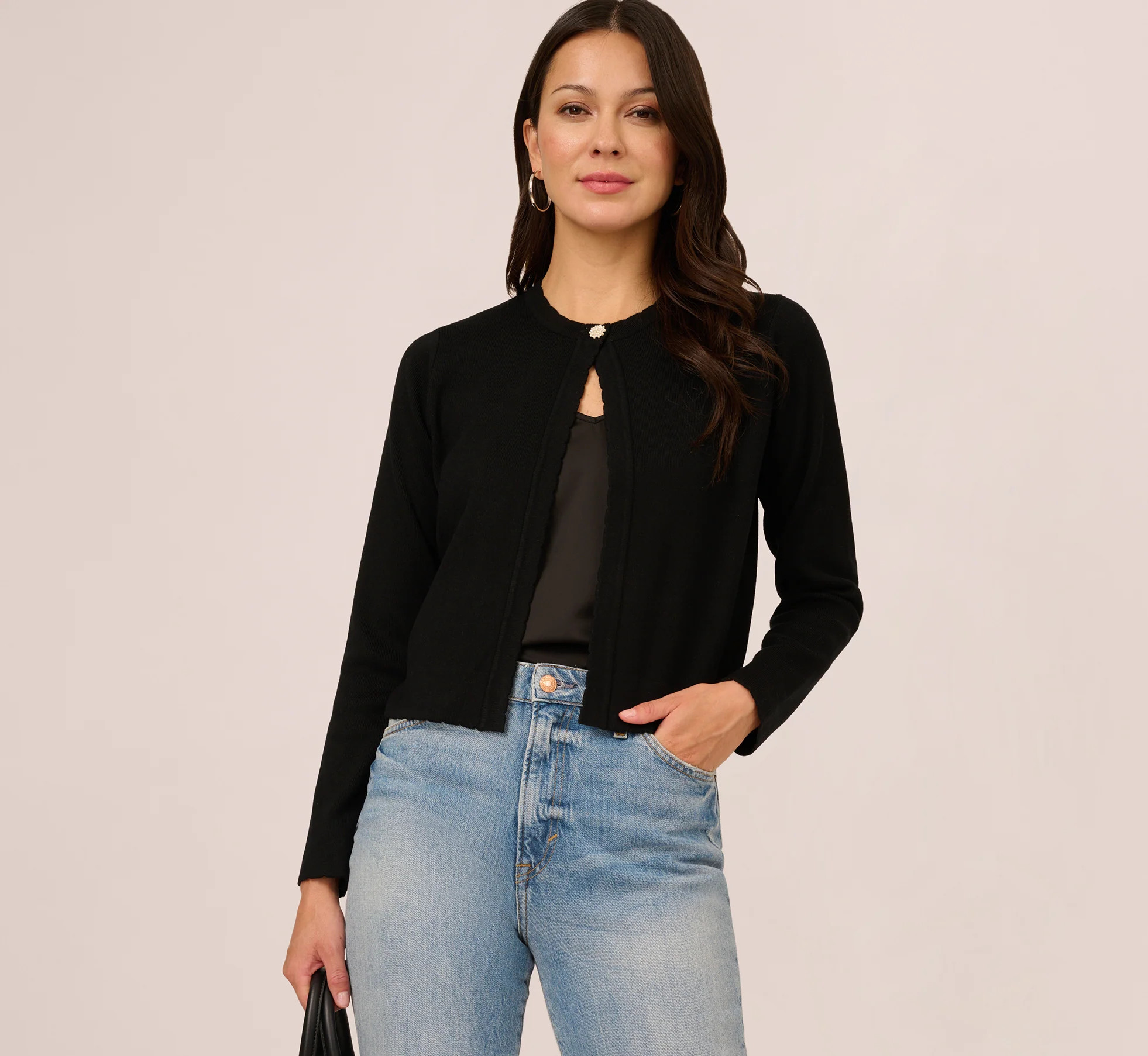 Long Sleeve One Button Cardigan Sweater In Black | Adrianna Papell